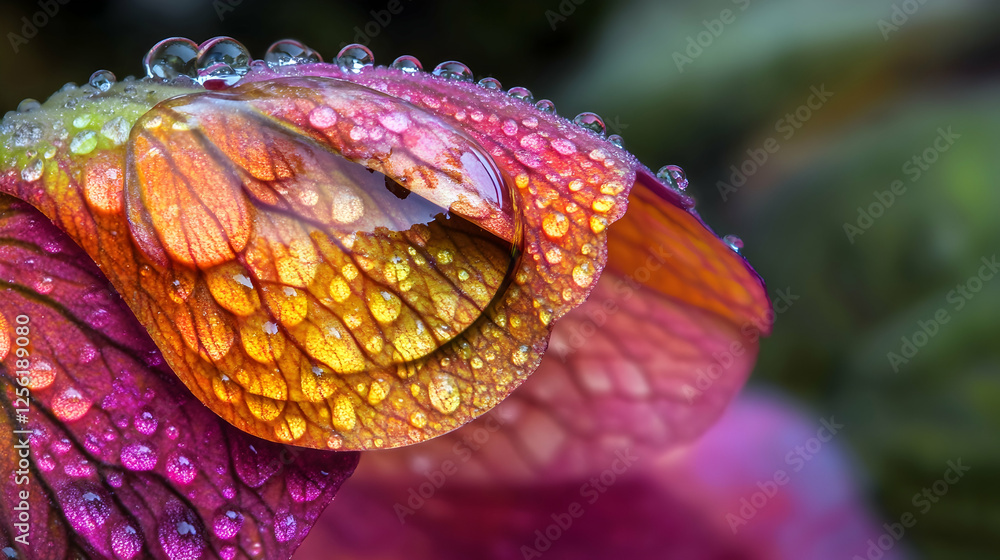 Aufkleber a drop of rain magnifying the texture of a vibrant flower petal