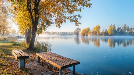 Serene Autumn Morning by the Calm Lake Surrounded by Trees