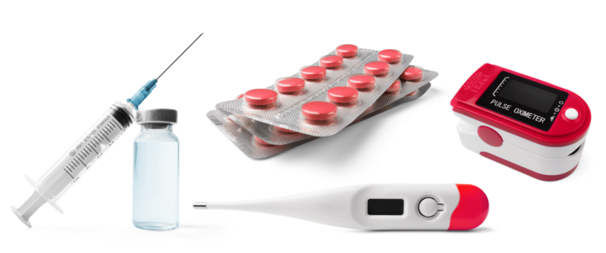 Medical digital thermometer, syringe and glass vial with liquid medication, vaccine, pulse oximeter for monitoring blood oxygen saturation, blister packs of pills, isolated on a white background