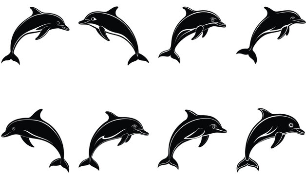 set of black silhouettes of dolphine