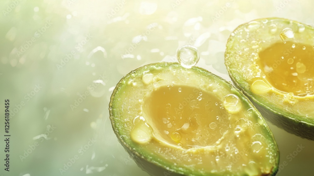 Poster Fresh Avocado Halves with Water Droplets on Soft Background