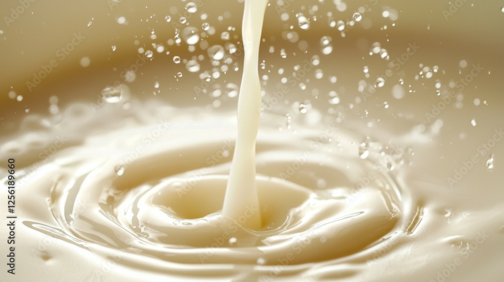 Poster milk splash and ripple effect in soft focus on creamy background