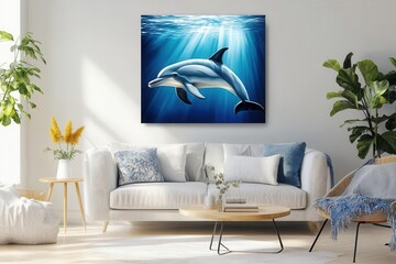 graceful bottlenose dolphin gliding through crystal-clear waters, sleek profile view highlighting streamlined form, ethereal blue background with subtle light rays