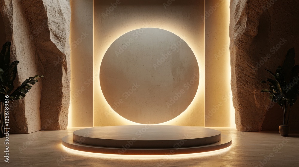 Poster a large, empty stage with a circular platform in the center
