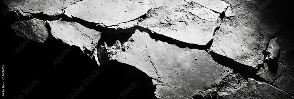 Poster rough textured cement surface with deep cracks and harsh shadows against a bright background