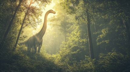 Obraz premium Majestic Dinosaur Standing in Lush Prehistoric Forest Landscape
