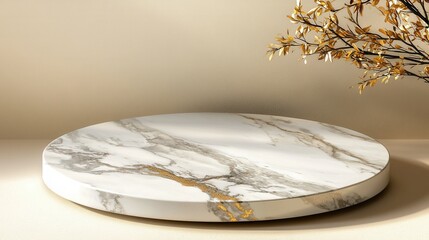 Obraz premium A white marble round table with gold accents
