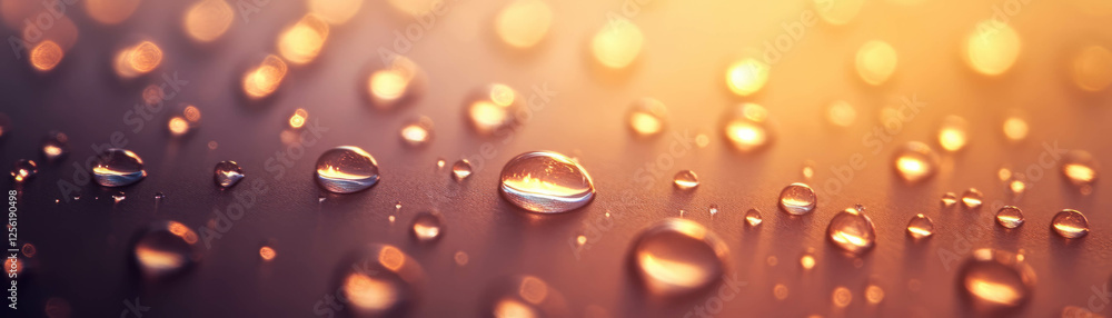 Poster rows of uniform droplets clinging to a thin thread with a bright background