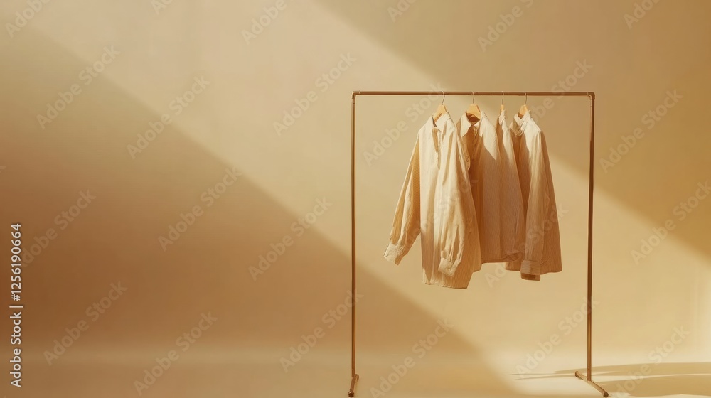 Fototapete minimalist clothing rack with neatly arranged garments in warm lighting creating an inviting atmosph