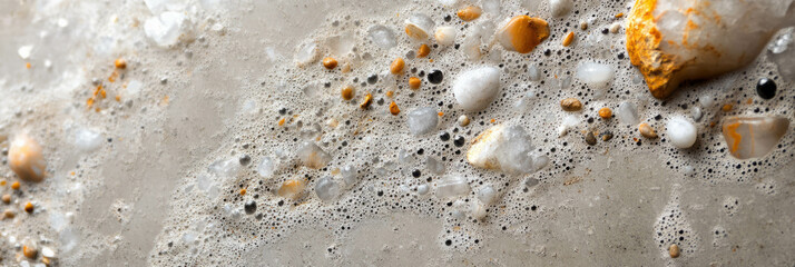 Salt finished concrete with exposed aggregate showcasing rough texture and decorative features