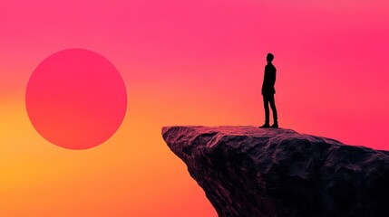 Fototapeta premium Solitary Figure at Sunset Clifftop A Pixel Art Landscape