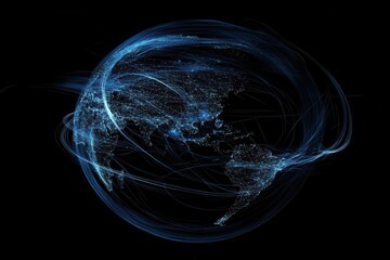 holographic earth visualization floating in dark space, network lines connecting major cities, dynamic blue and white light trails