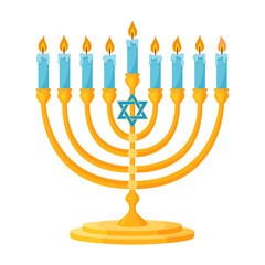 Menorah with nine lit candles. Hand drawn trendy flat style isolated icon Jewish holiday of Hanukkah traditional nine branched candelabrum. Happy Hanukkah Vector illustration