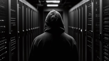 Obraz premium Hooded figure standing in a server room, back to the camera. Cyber security threat, anonymous figure, data center environment.