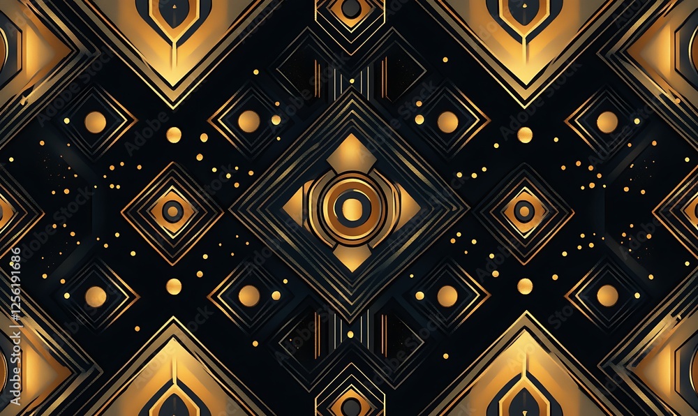 Poster abstract gold and black geometric pattern with circles and squares.
