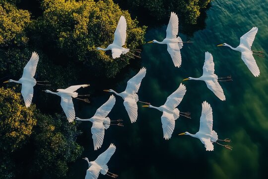 Flock of migratory birds flying over green water and mangrove forest