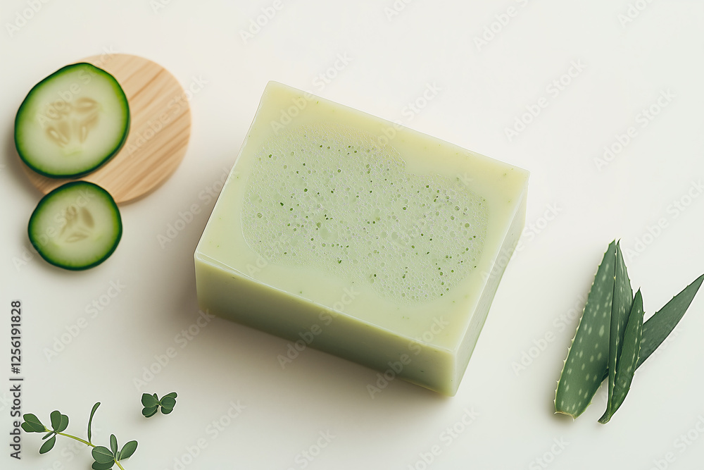 Poster cucumber and aloe handmade soap: a close-up shot of a natural and refreshing handmade soap bar, feat