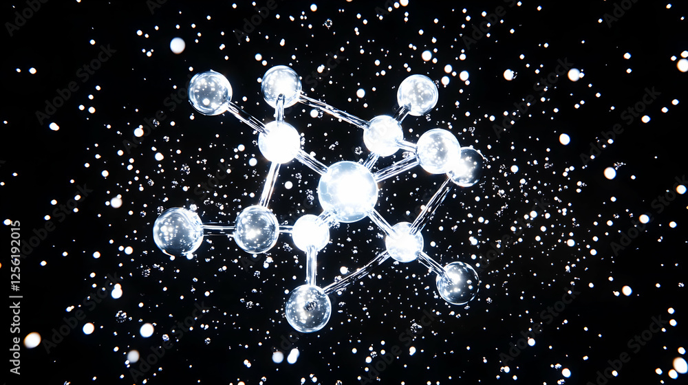 Poster a glowing water molecule model surrounded by tiny sparkling particles