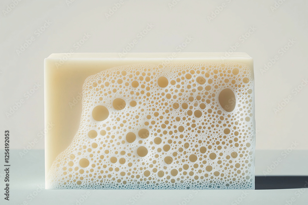 Poster soap bubbles texture: close-up of a creamy, rectangular bar of soap infused with numerous air bubble