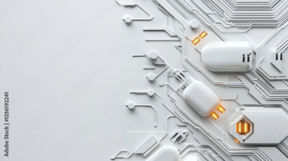Poster a white background with a circuit board with yellow lights