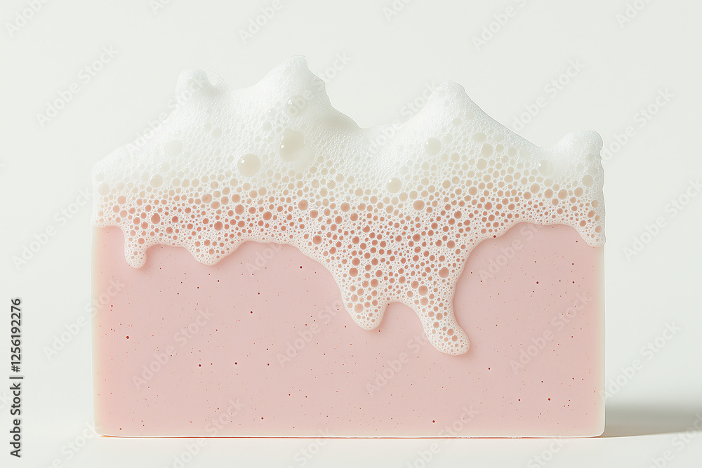 Poster pink soap with lather: a close-up shot of a rectangular bar of pink soap with a fluffy white lather 