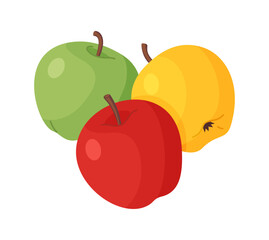 Three apples, yellow green and red juicy fruit Hand drawn trendy flat style isolated icon. Vector illustration