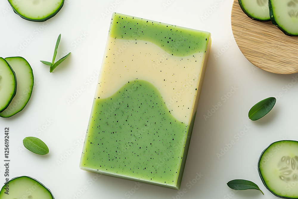 Poster refreshing cucumber soap: a luxurious handmade bar of cucumber soap, with swirls of green and creamy