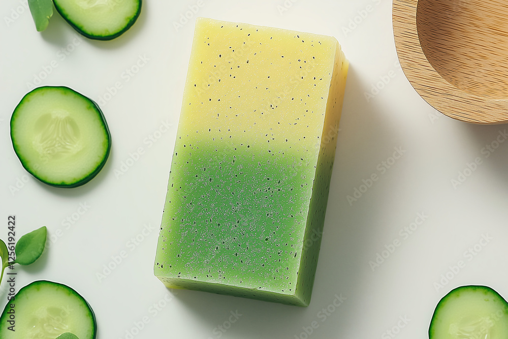 Poster refreshing cucumber soap: a top-down close-up shot showcasing a handcrafted bar of cucumber soap, fe