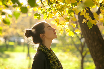 A woman walks through a forest park, breathing deeply in the fresh air