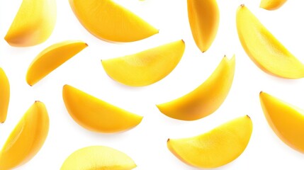 flying mango slices with leaves on white background