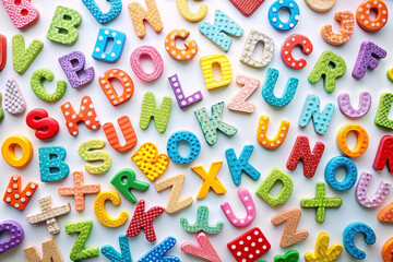 Colorful alphabet letters scattered on white background, educational resource