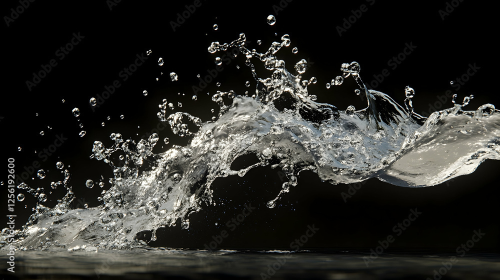 Poster a hyper-realistic water splash forming the shape of a running river