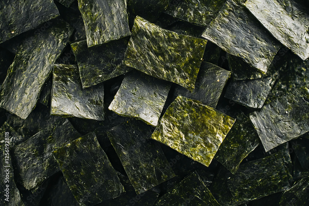 Poster crispy seaweed snacks piled against a bright background create an appealing display