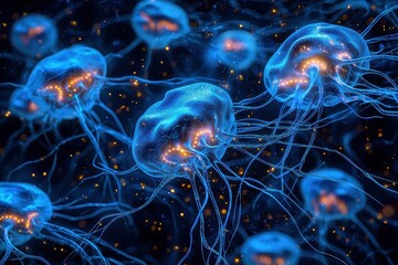 Interconnected glowing abstract neural networks digital realm high fidelity art futuristic environment close-up view technology concept