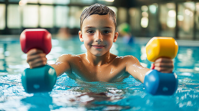 Young boy smiling in a pool, holding colorful dumbbells, enjoying water exercises, promoting fun and healthy aquatic activities.