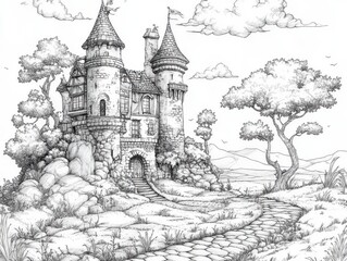 Enchanted Stone Castle Surrounded by Lush Landscapes and Clouds on a Clear Day
