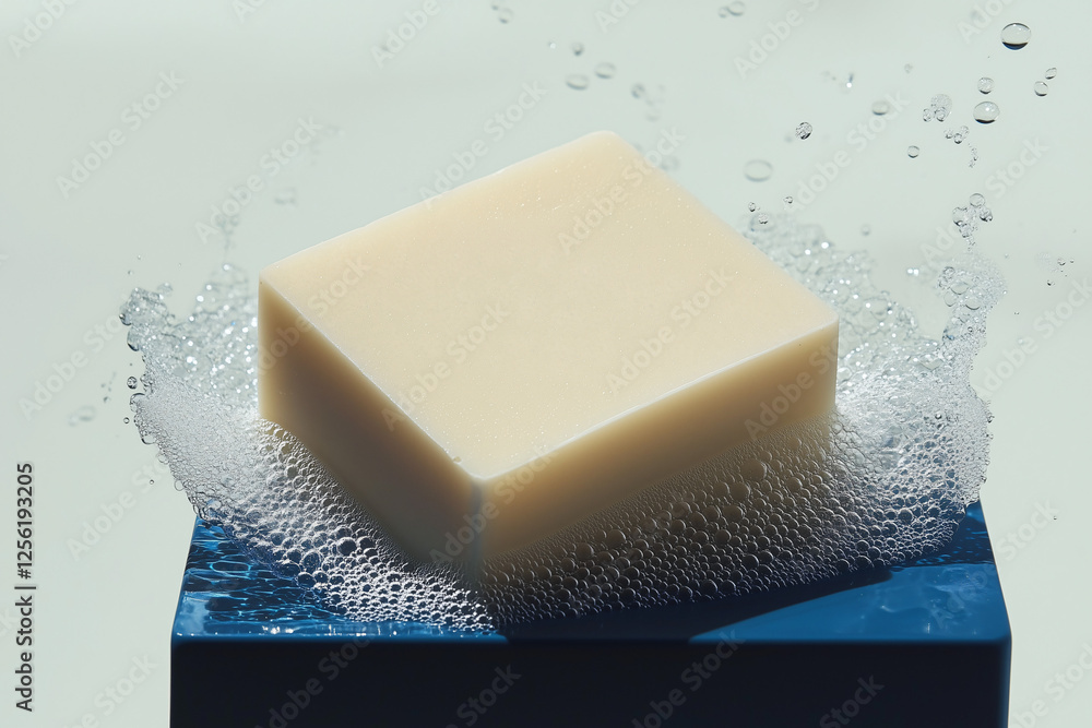 Poster artisan soap in foam: a luxurious bar of handcrafted soap sits nestled in a cloud of rich lather, cr