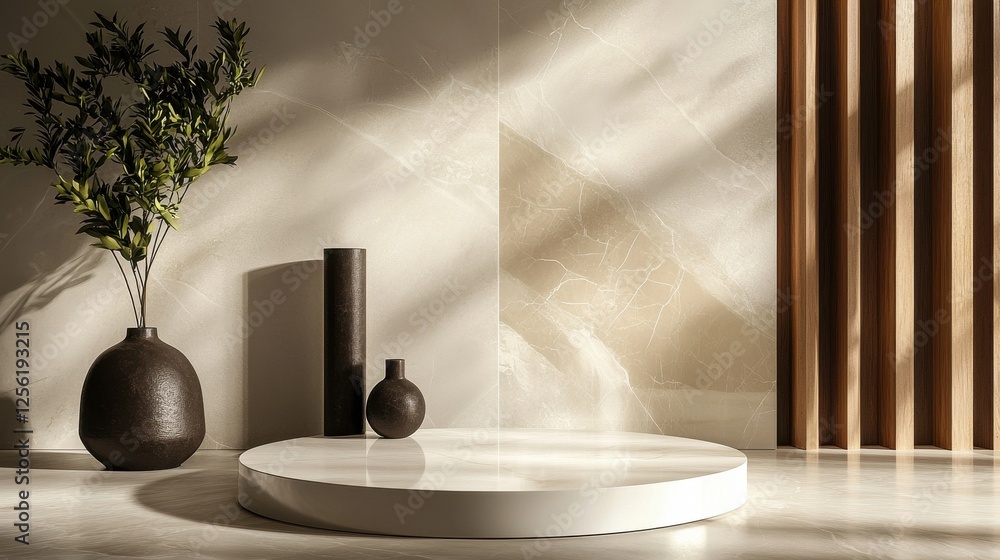 Poster a white pedestal with two vases on it and a plant in the foreground