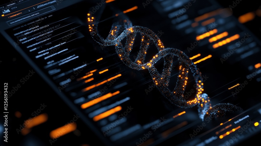 Poster glowing human dna double helix enhanced by artificial intelligence technology. generative ai