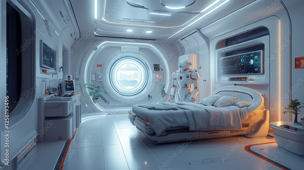 Aufkleber a serene futuristic medical bay: robot assistant attends a patient in a bright, sterile, and technol
