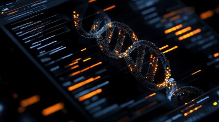 Glowing human DNA double helix enhanced by artificial intelligence technology. Generative AI
