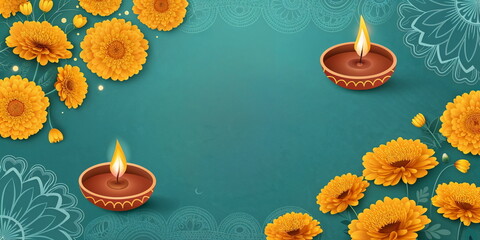Marigold flowers and diya lamps for Diwali celebration graphics, Indian festival invitations, cultural event posters, or traditional holiday greeting card designs