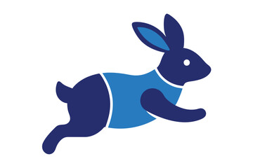 Silhouette vector illustration of a playful rabbit wearing a blue vest on a white background.