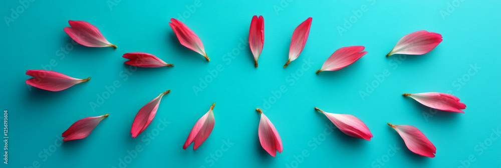 Poster bright sakura petals arranged in a circular pattern on a vibrant turquoise background