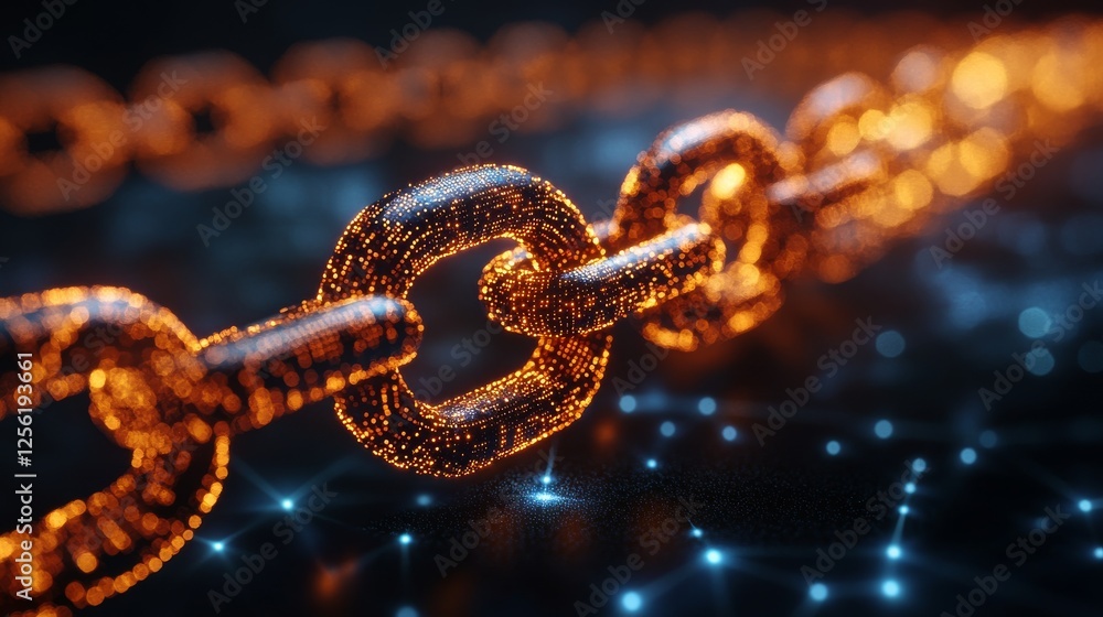 Poster Digital Blockchain Interconnection: A Close-Up of a Glowing Metallic Chain Representing Secure and Decentralized Network Technology.