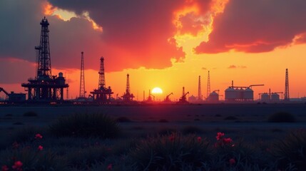 Fototapeta premium Silhouetted Oil Rigs and Industrial Facilities at Sunset, a Vibrant Scene of Energy Production Against a Dramatic Sky