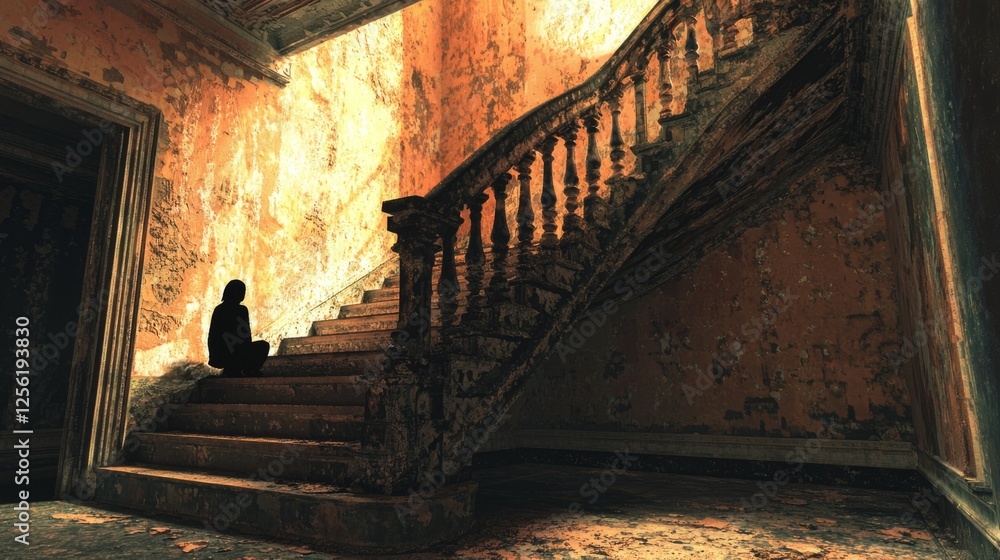 Poster mysterious figure sitting on staircase in abandoned building