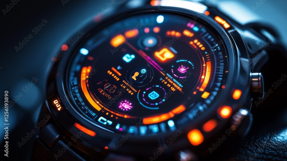 Poster futuristic smartwatch display: glowing icons and advanced technology interface for time tracking, no