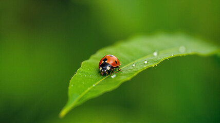 Fototapeta premium Ladybug resting on green leaf in garden, nature's beauty