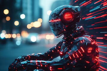 Futuristic robot in urban setting high fidelity showcase technology evening glow dynamic perspective